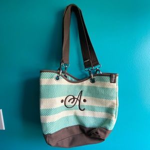 Thirty-One Aqua and White Striped Shoulder Bag